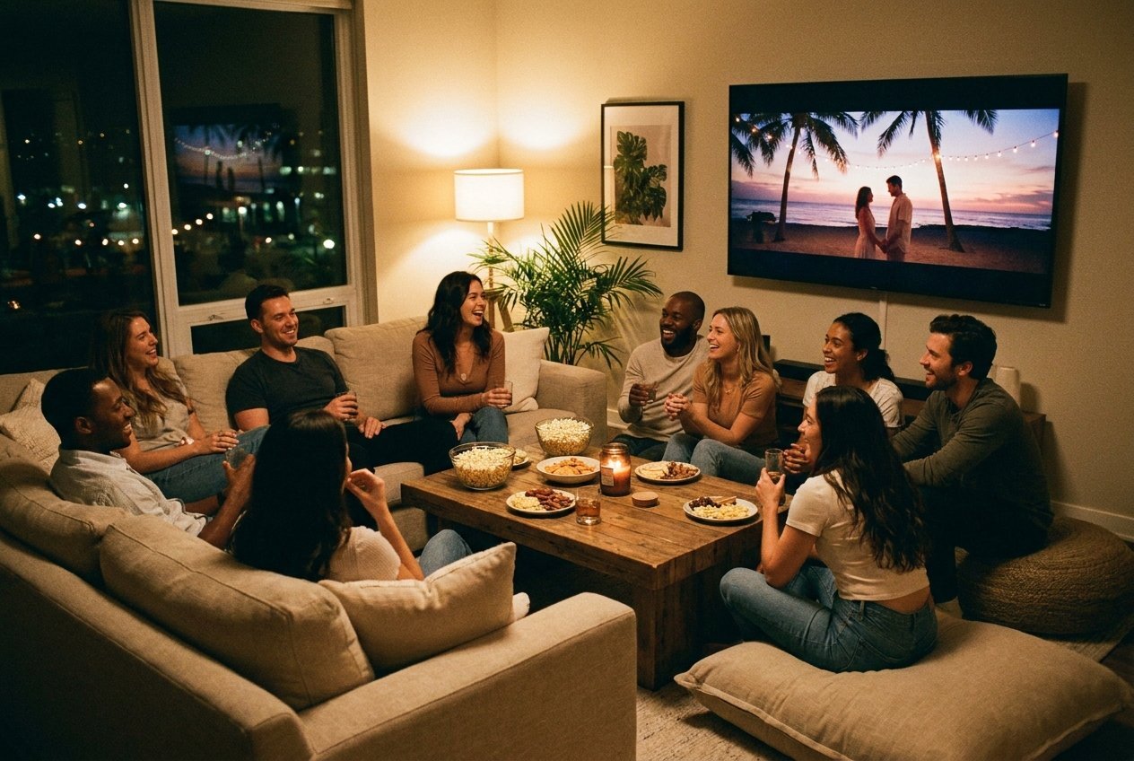 A host's living room mid-watch party, a small group gathered round the big screen